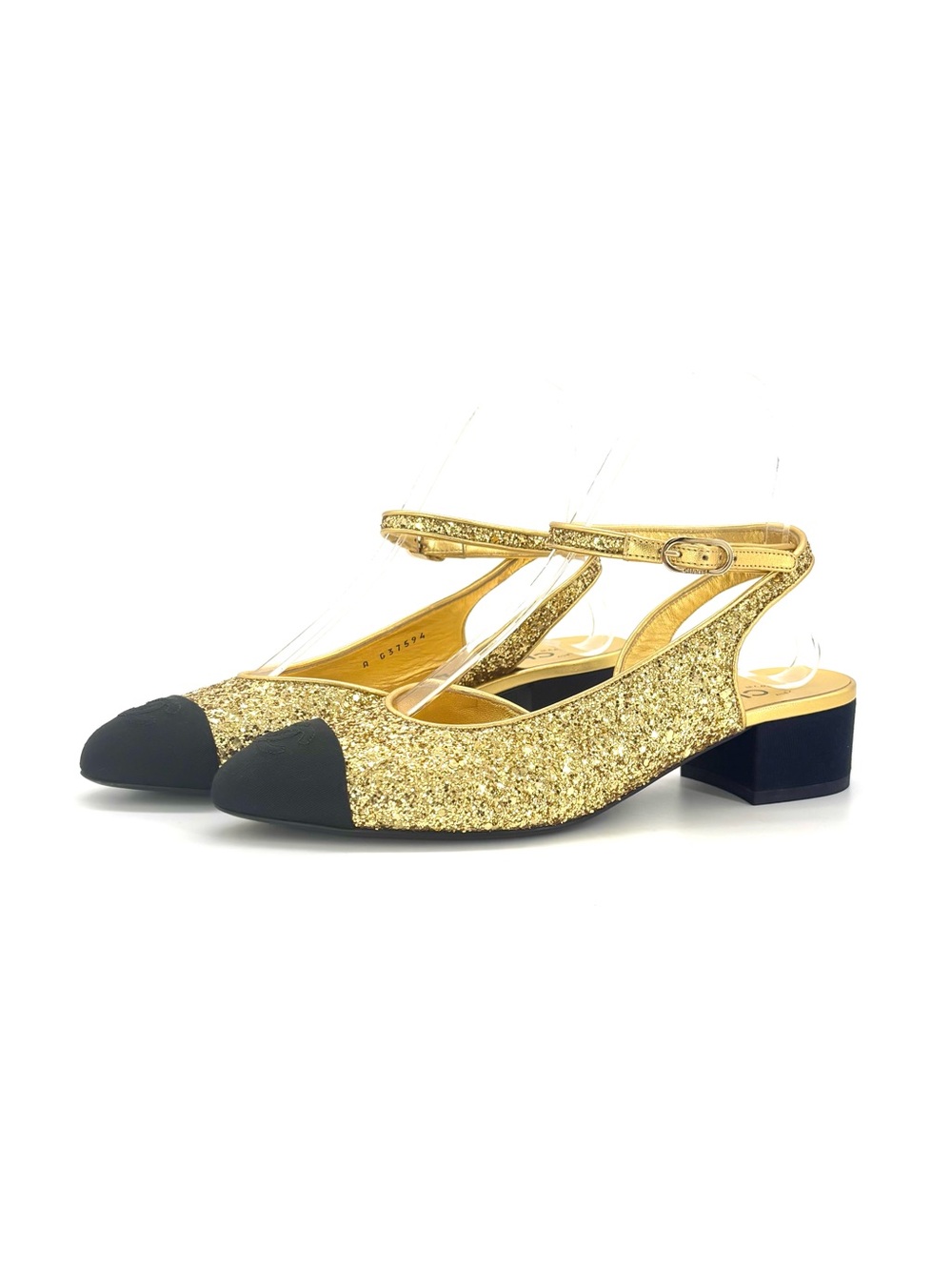 Chanel CC Logo Glitter and Grosgrain Cap Toe Slingback Platform Heel Pumps 37